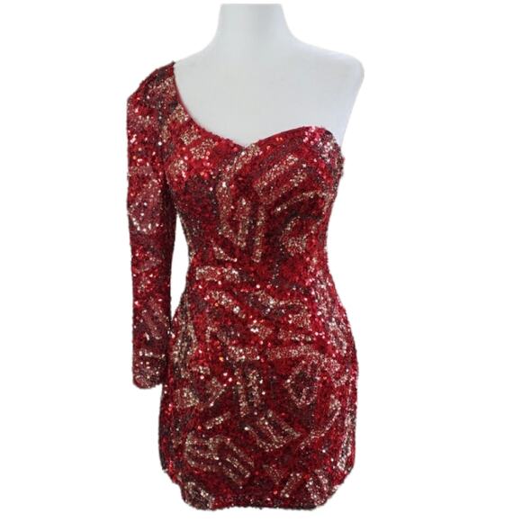 Scala red gold sequined mini body con dress one shoulder cocktail formal size 8 - Picture 3 of 12